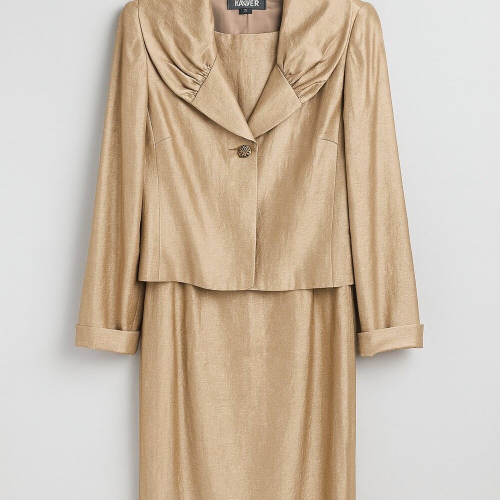 Champagne Gold Shimmer 2-Piece Skirt Suit | Elegant Jacket & Dress Set | Formal - Picture 2 of 12
